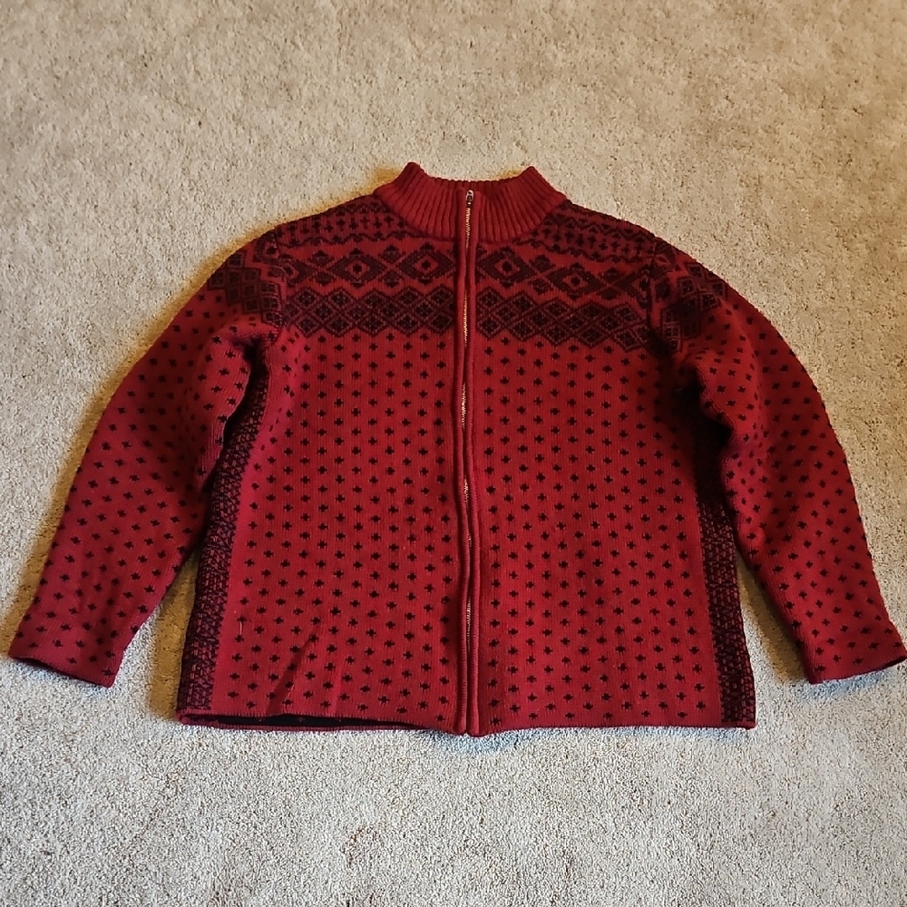 Lands' End 100% Wool Red and Black Knit Full Zip Sweater